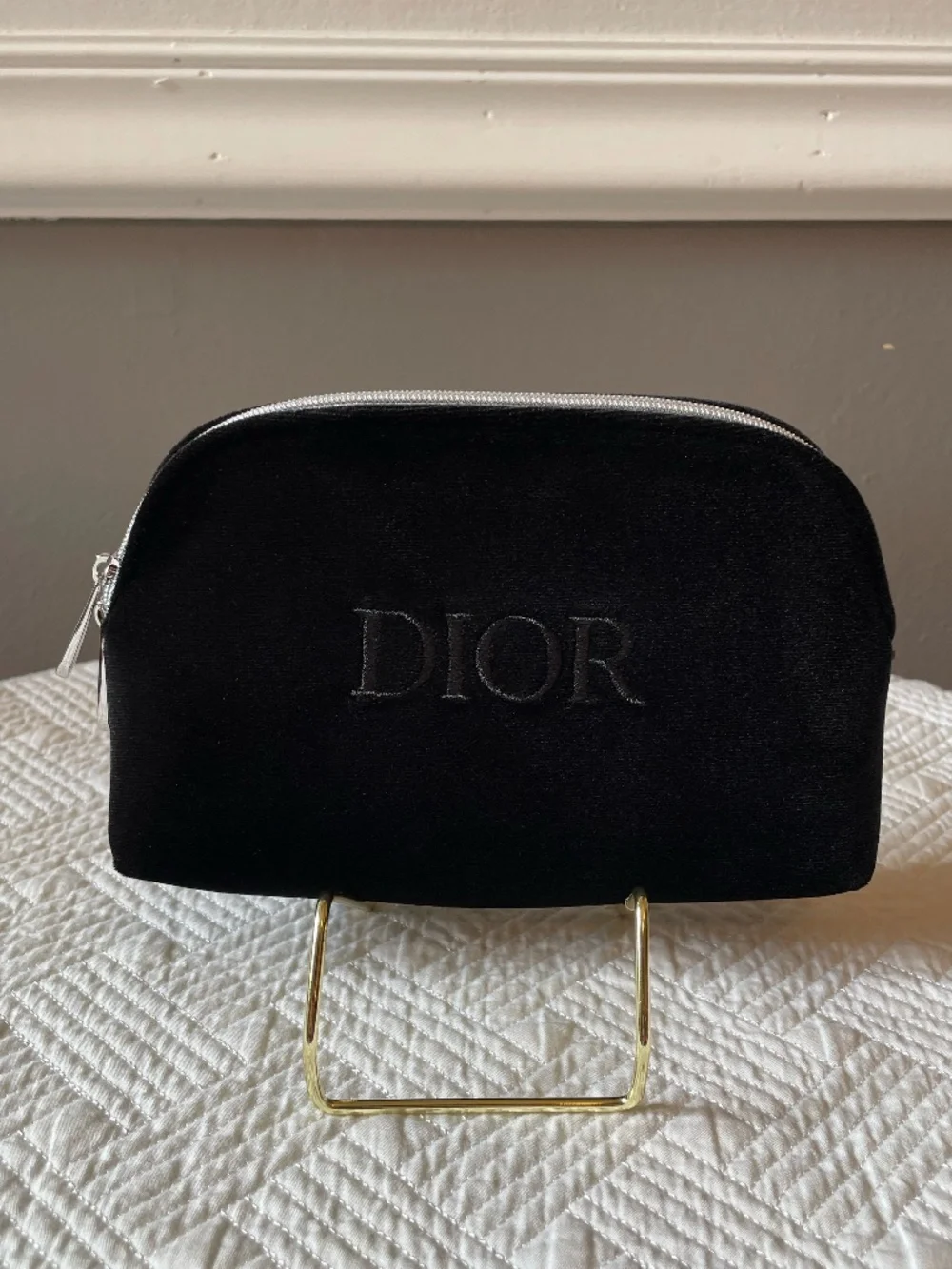 Dior black velvet cosmetic pouch with embroidered black Dior logo